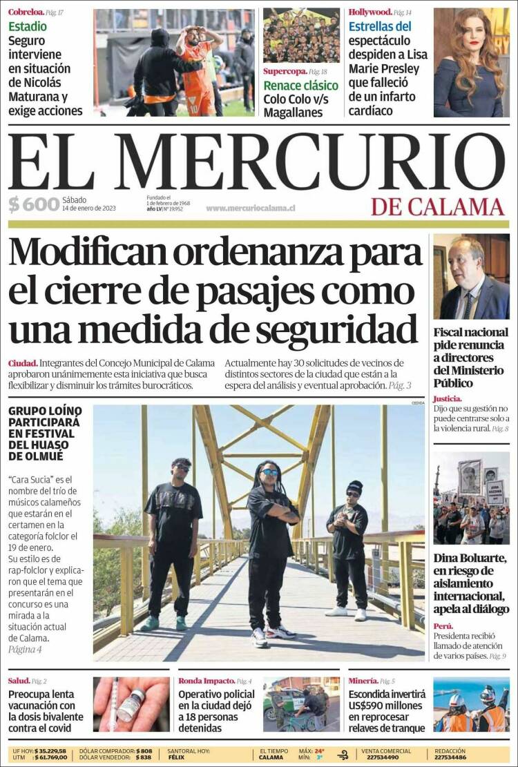 Portada de El Mercurio - Calama (Chile)