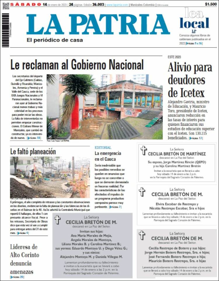 Portada de La Patria (Colombia)