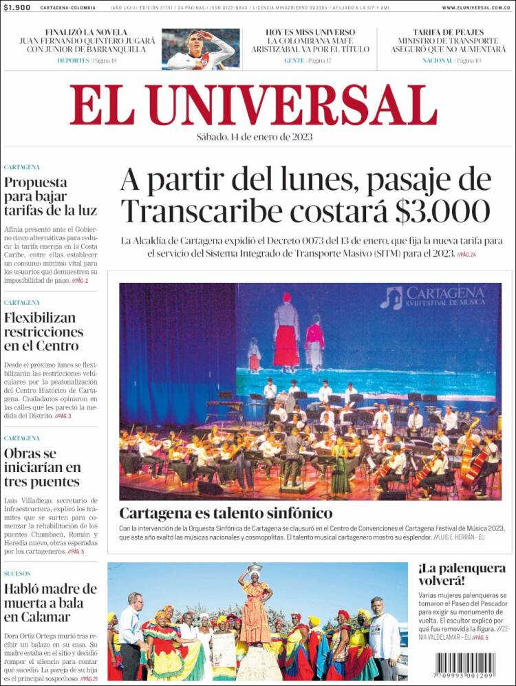 Portada de El Universal (Colombia)