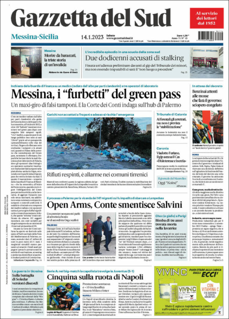 Portada de Gazzetta del Sud (Italia)