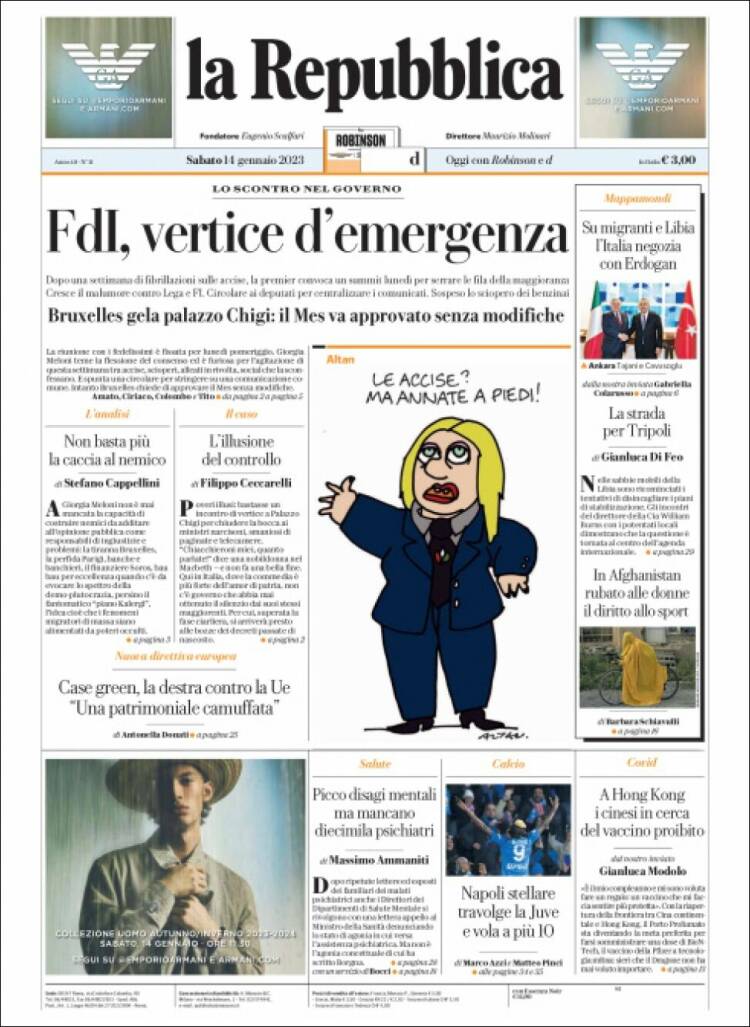 Portada de La Repubblica (Italia)
