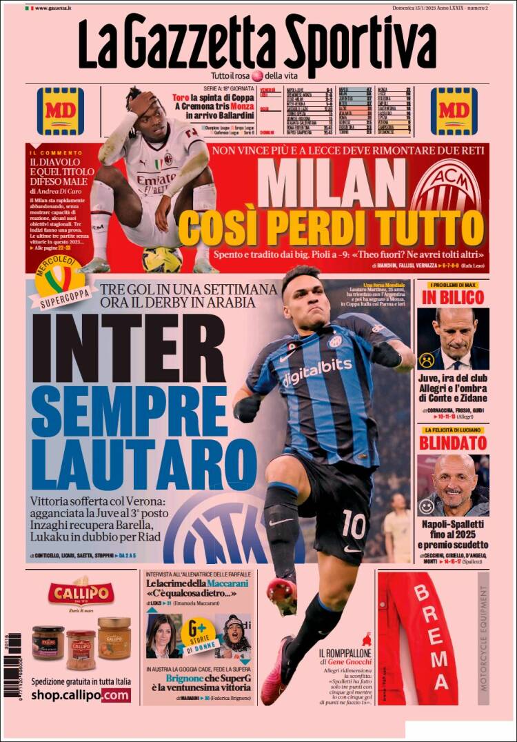 Portada de La Gazzetta dello Sport (Italia)