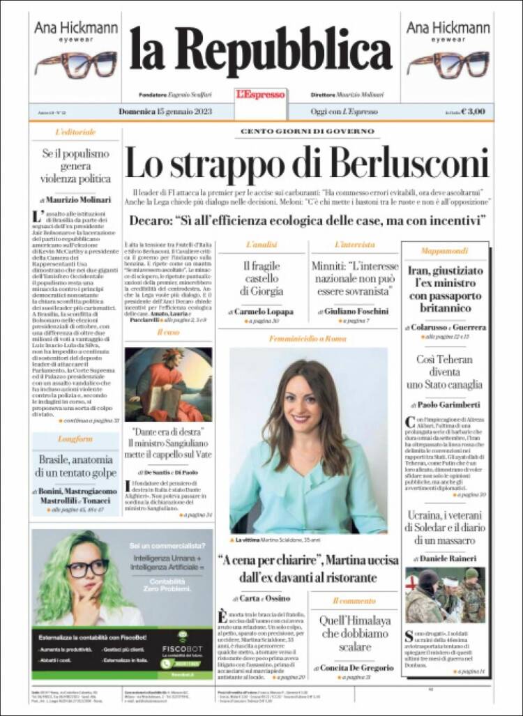 Portada de La Repubblica (Italia)