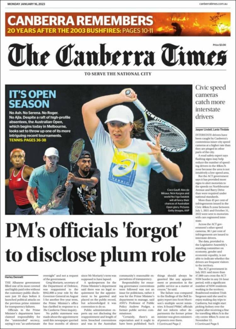 Portada de The Canberra Times (Australia)