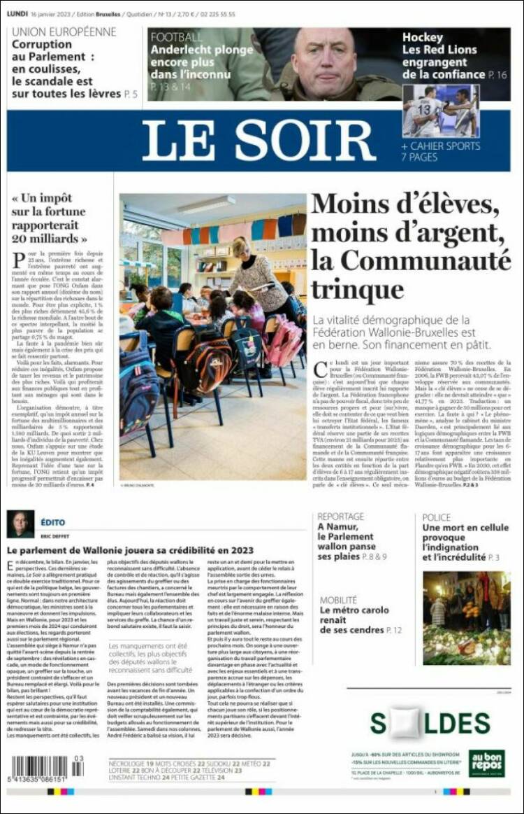 Portada de Le Soir (B&eacute;lgica)