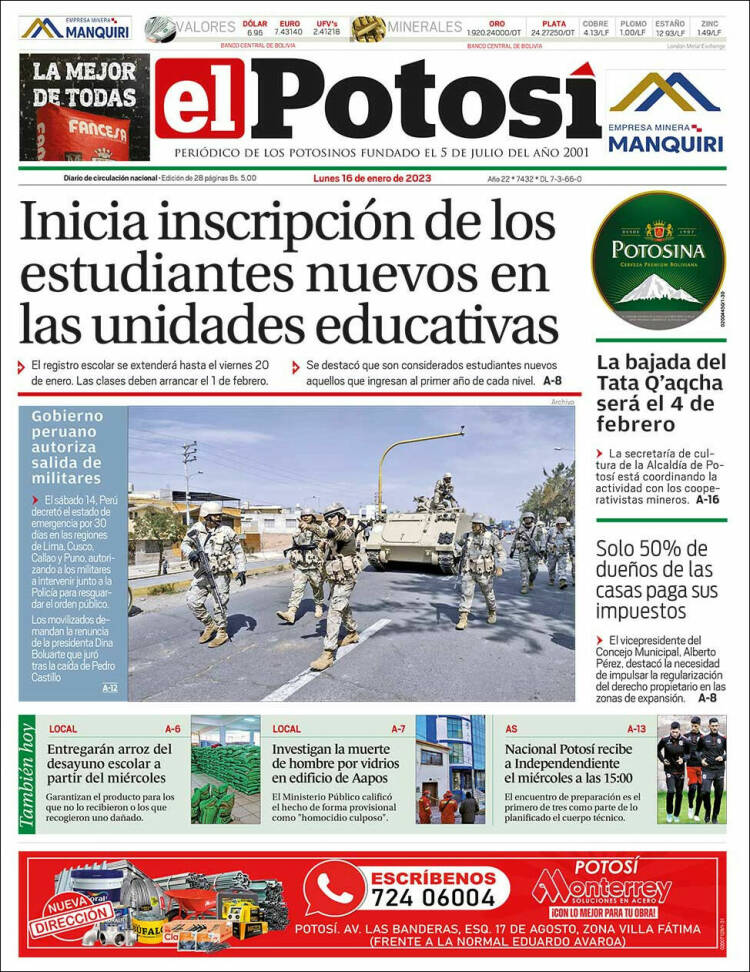 Portada de Diario de Potosí (Bolivia)