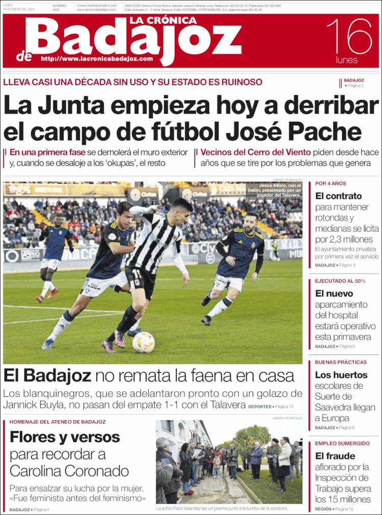 Portada de La Crónica de Badajoz (España)