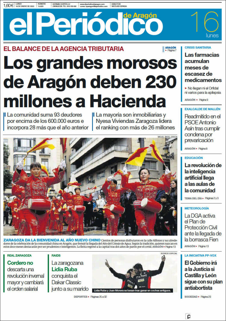 Portada de El Periódico de Aragón (España)