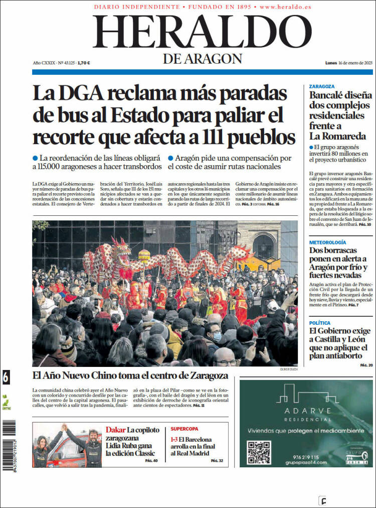 Portada de Heraldo de Aragón (España)