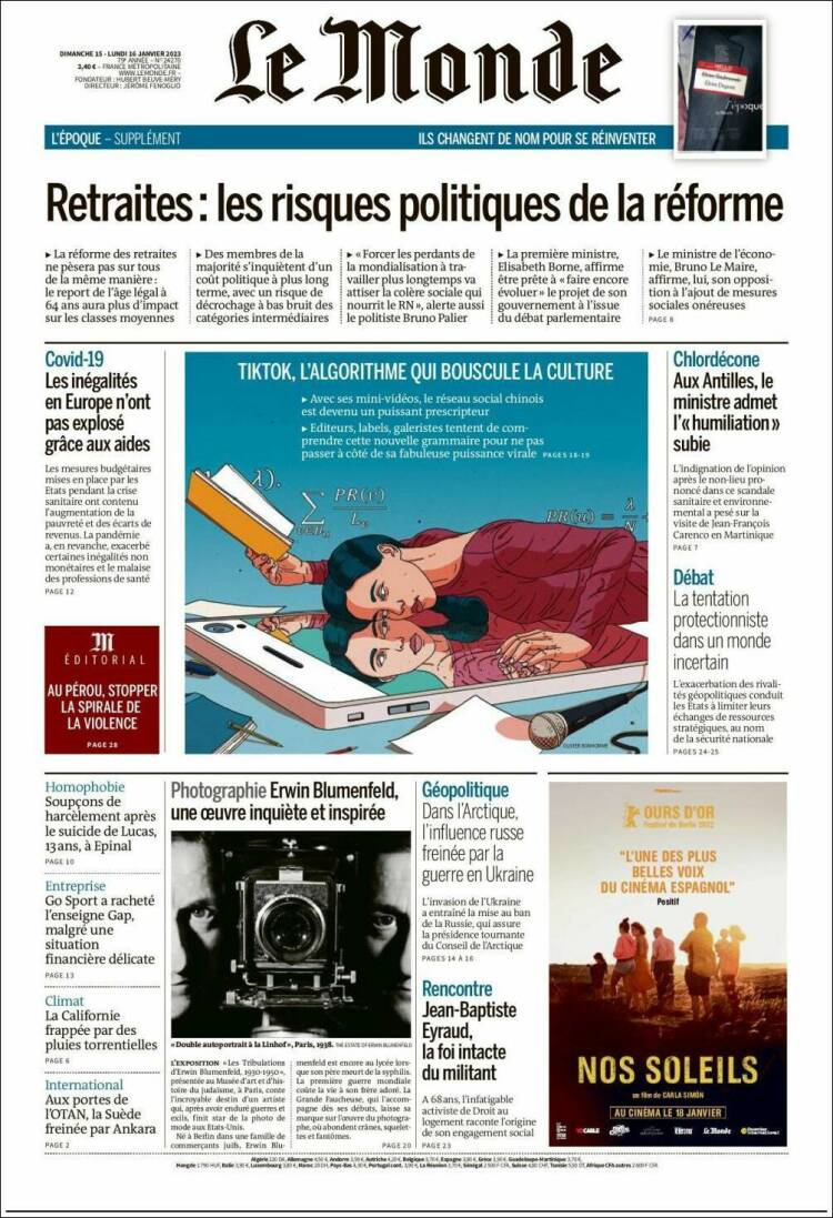 Journal Le Monde (France). Les Unes des journaux de France. Édition du