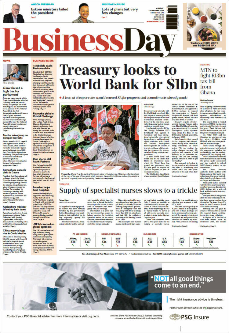 Portada de Business Day (Sud&aacute;frica)