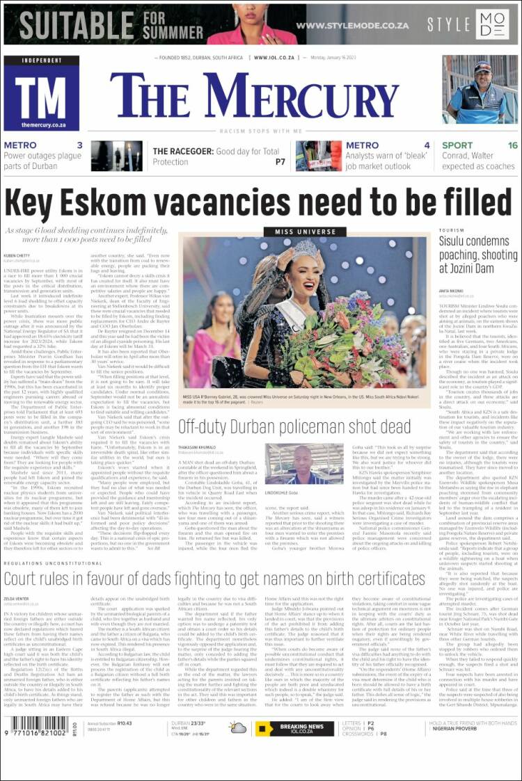 Portada de The Mercury (Sud&aacute;frica)