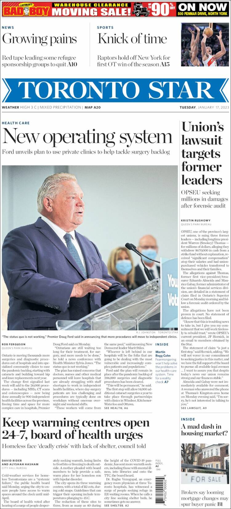 Portada de The Toronto Star (Canadá)