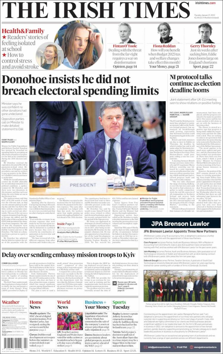 Portada de Irish Times (Irlanda)