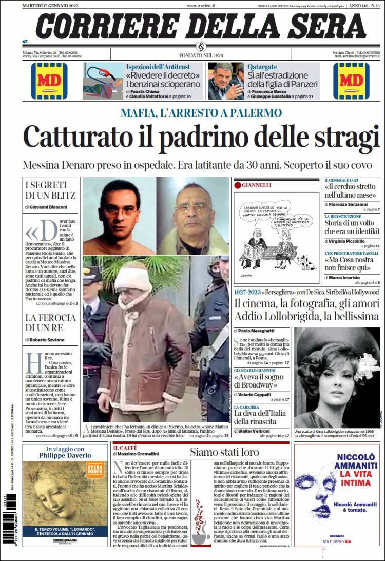 Portada de Corriere della Sera (Italia)