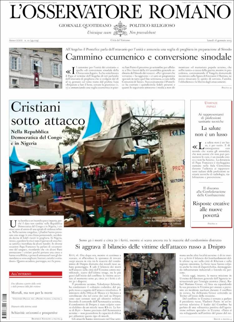 Portada de L'Osservatore Romano (Italia)