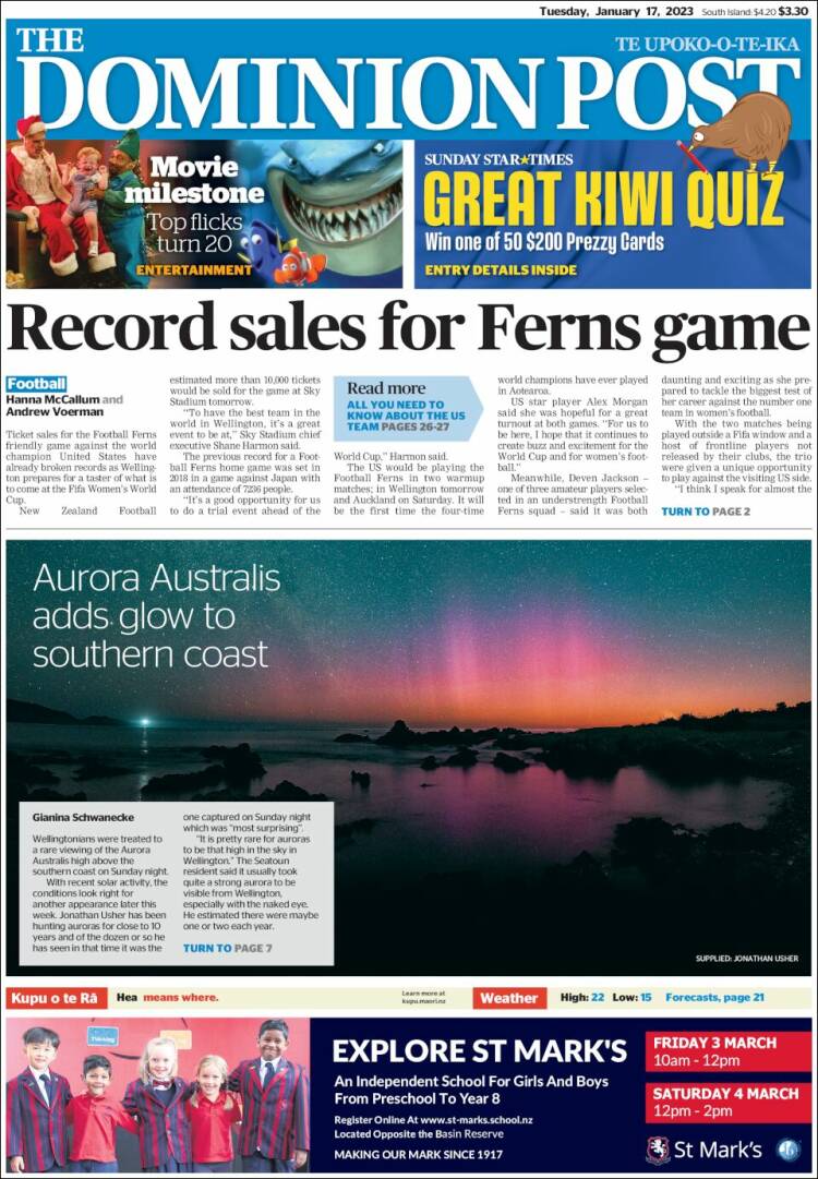 Portada de The Dominion Post (Nueva Zelanda)