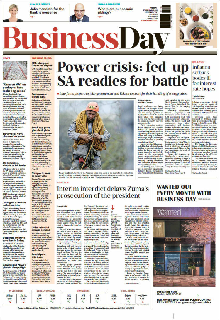 Portada de Business Day (Sud&aacute;frica)