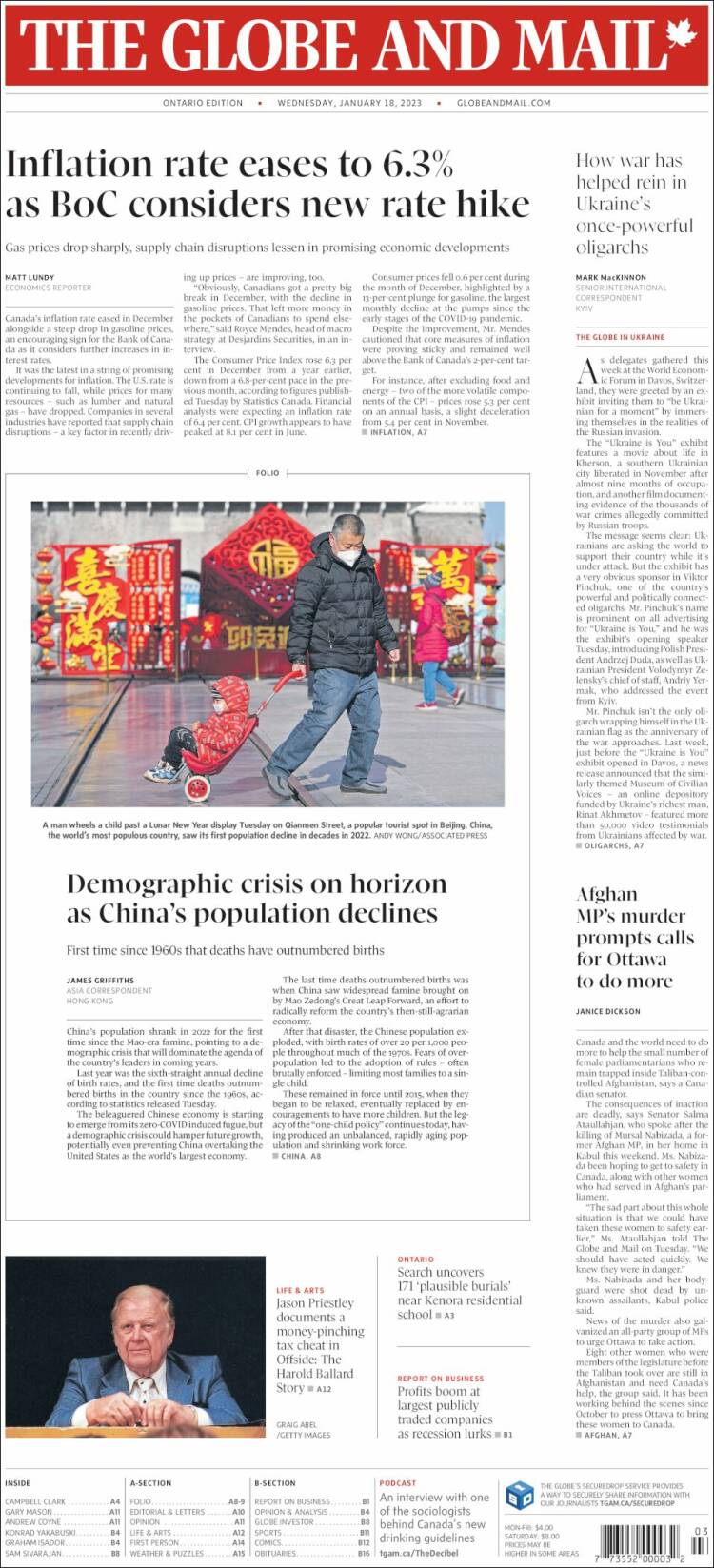 Portada de The Globe and Mail (Canadá)