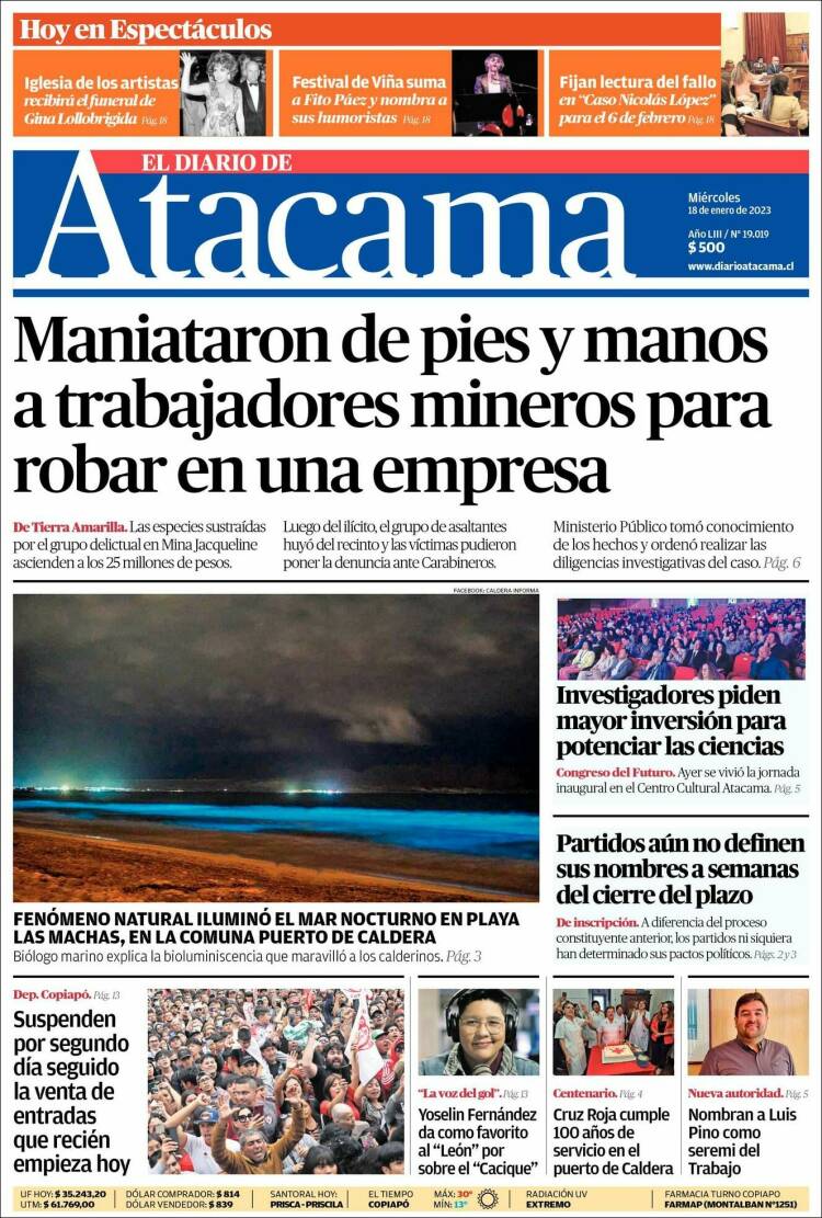 Portada de Diario de Atacama (Chile)