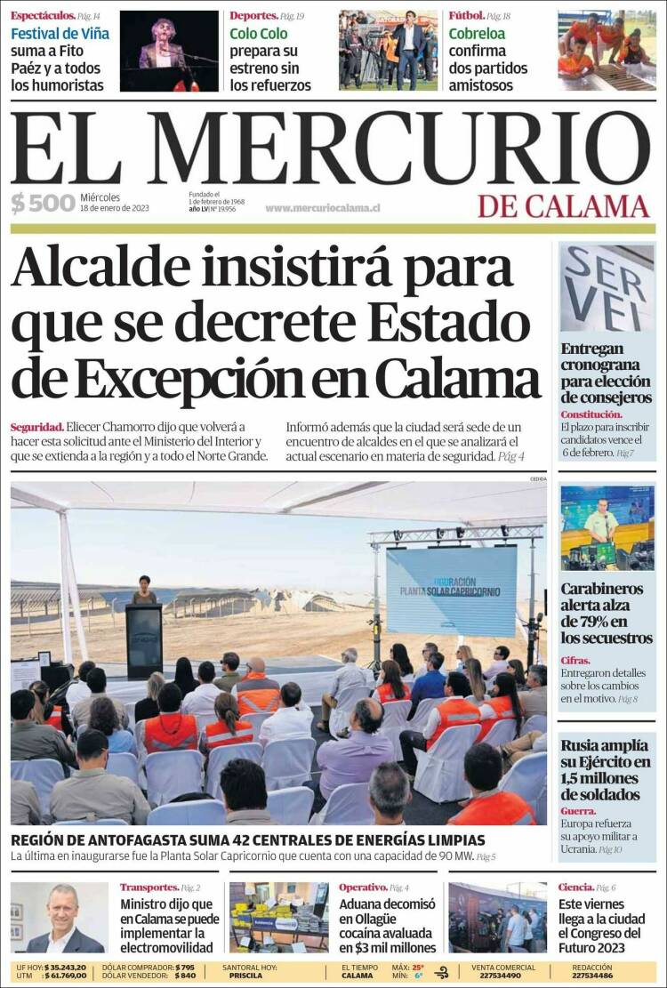 Portada de El Mercurio - Calama (Chile)