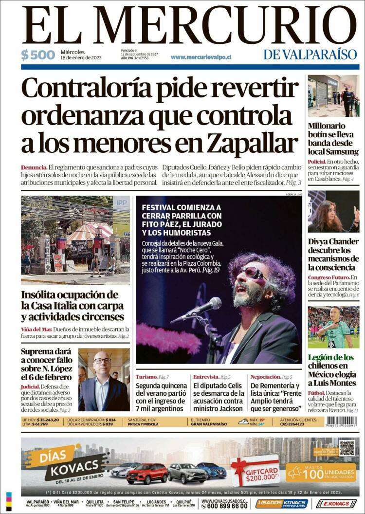 Portada de Mercurio de Valparaiso (Chile)