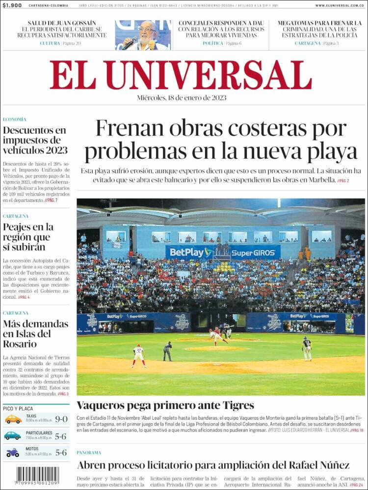 Portada de El Universal (Colombia)