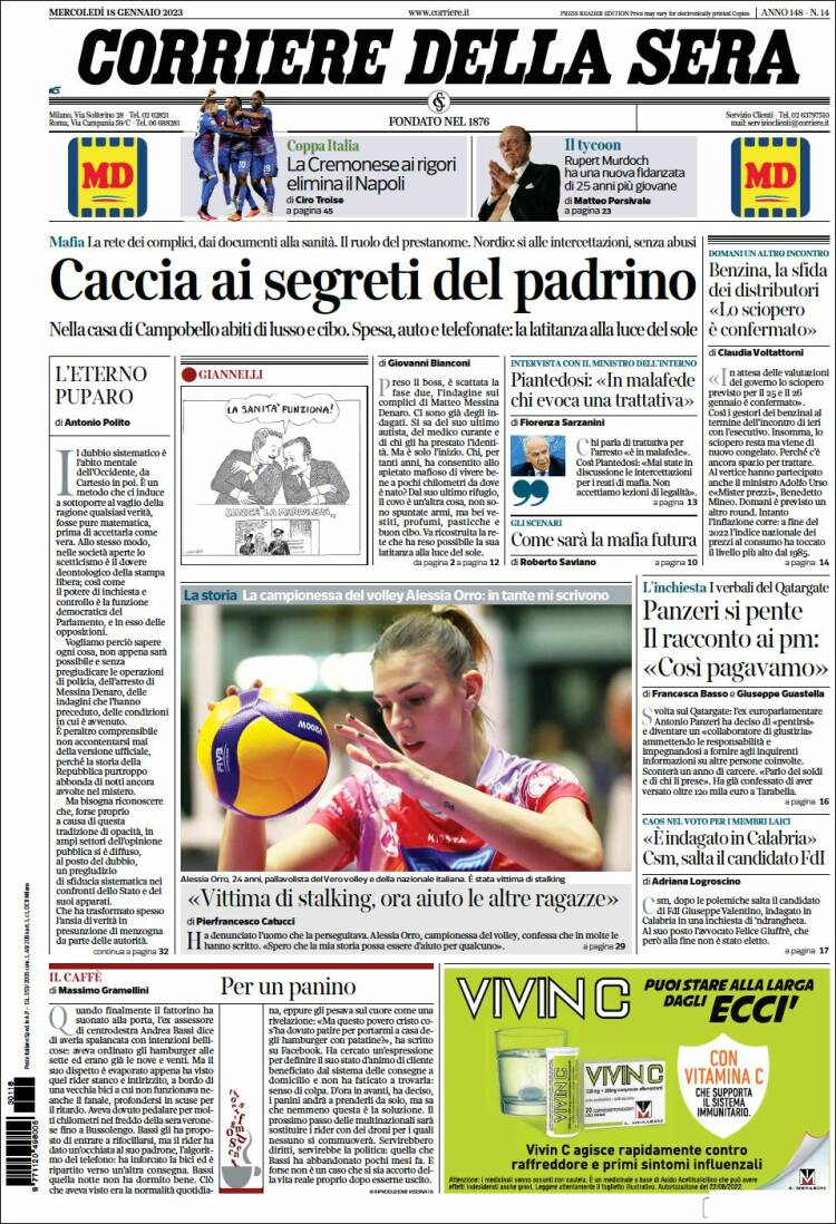 Portada de Corriere della Sera (Italia)