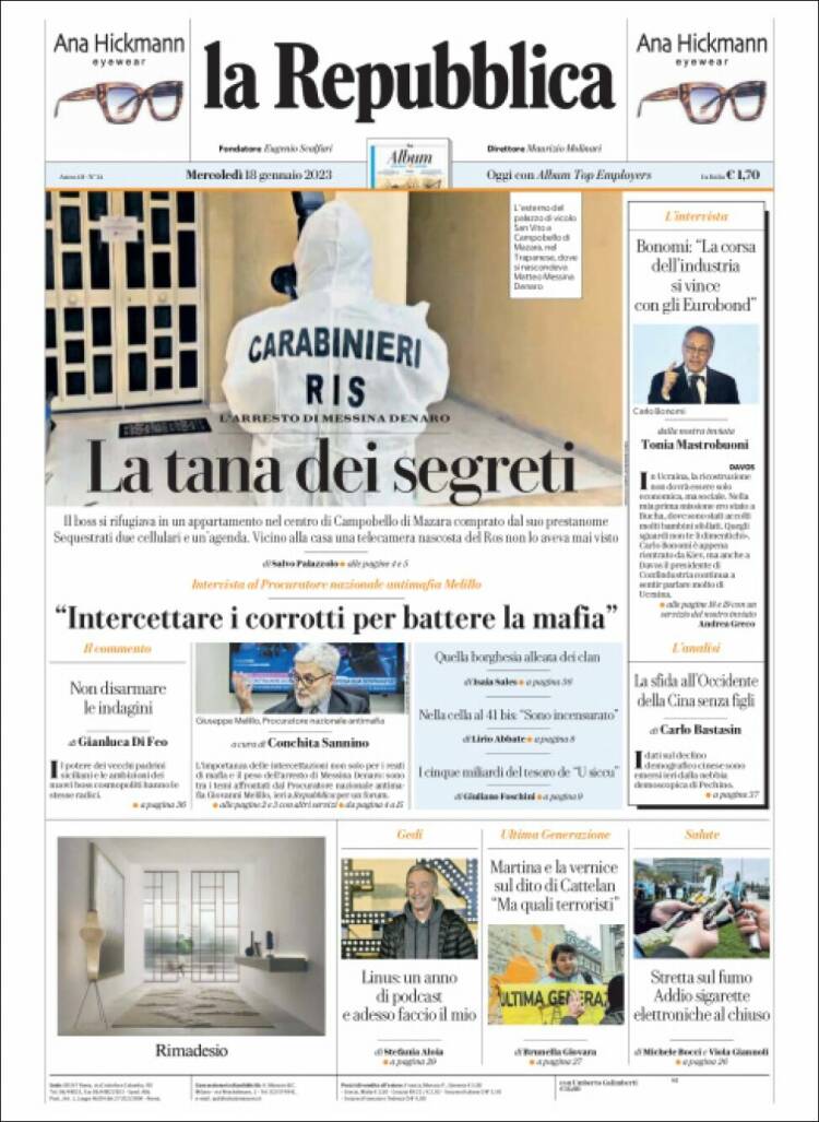 Portada de La Repubblica (Italia)