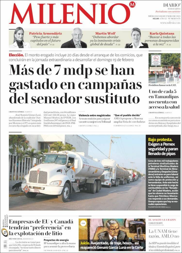 Portada de Milenio - Tamaulipas (México)