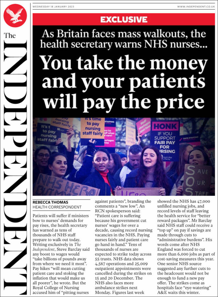 Portada de The Independent (Reino Unido)