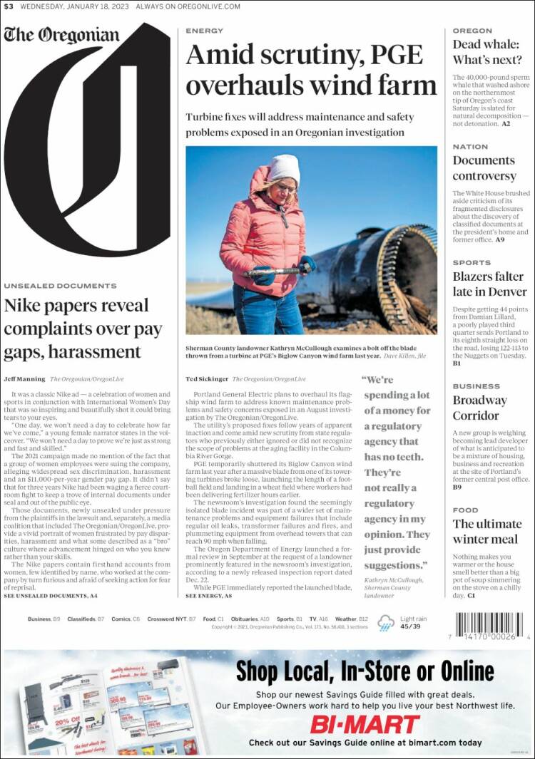 Portada de The Oregonian (USA)