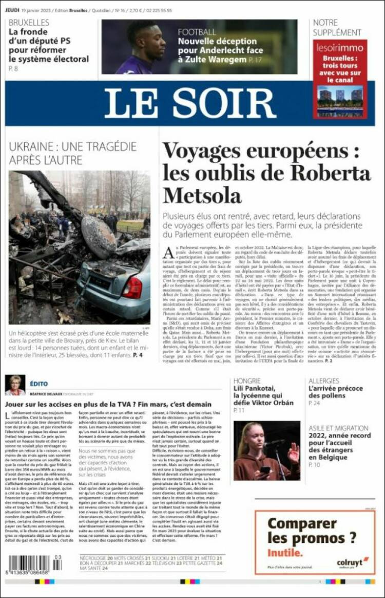 Portada de Le Soir (B&eacute;lgica)