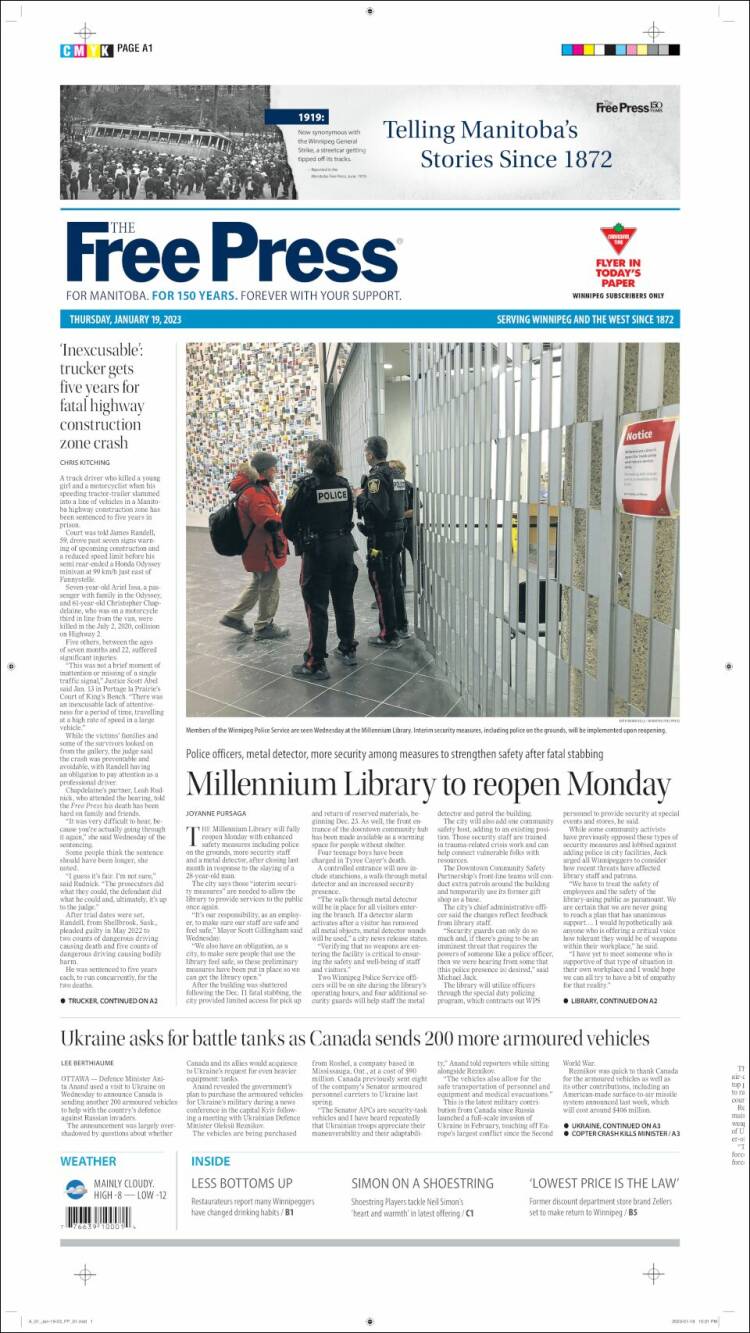 Portada de Winnipeg Free Press (Canada)