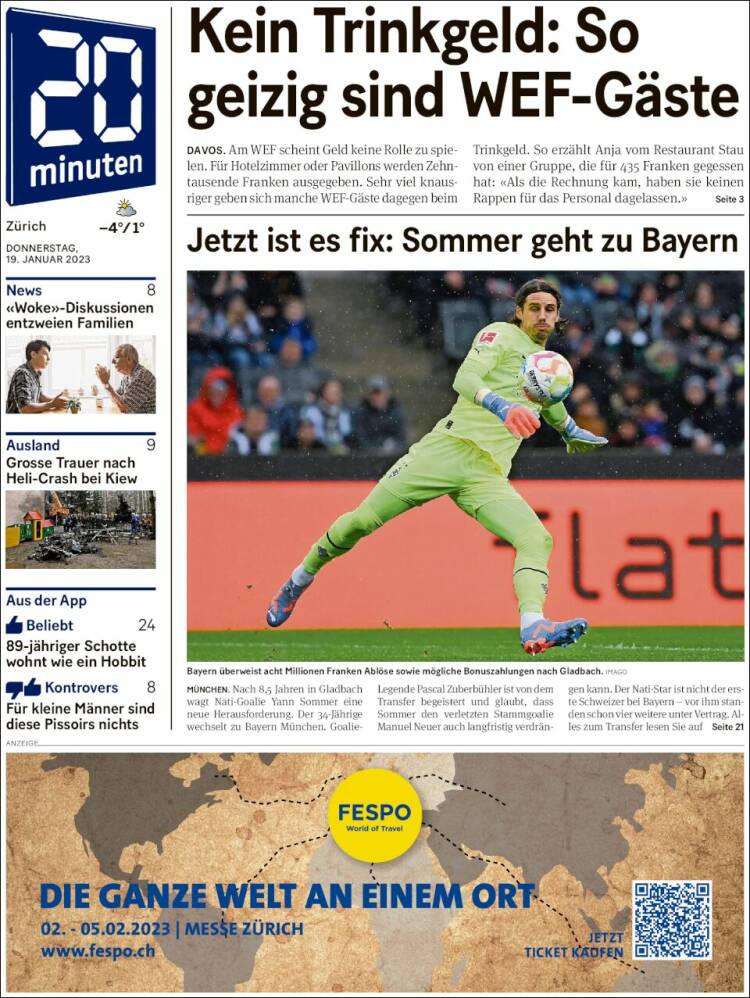 Portada de 20Minuten - Zürich (Suiza)