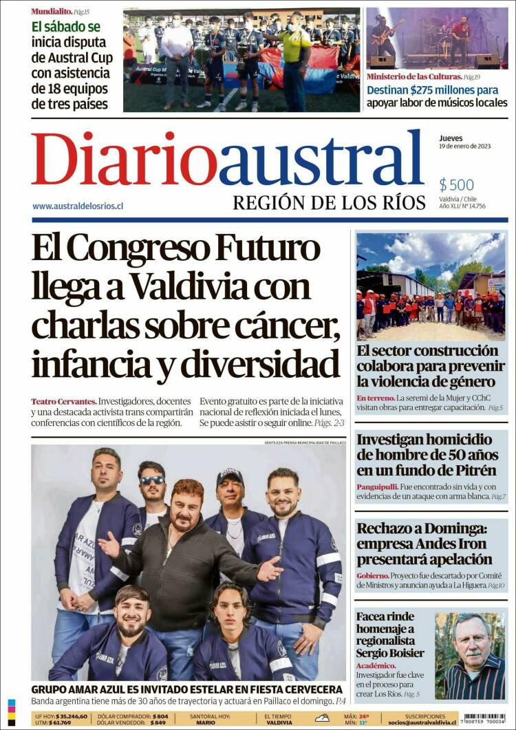 Portada de El Diario Austral de Valdivia (Chile)