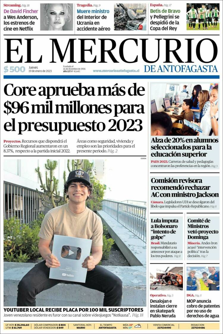 Portada de El Mercurio de Antofagasta (Chile)
