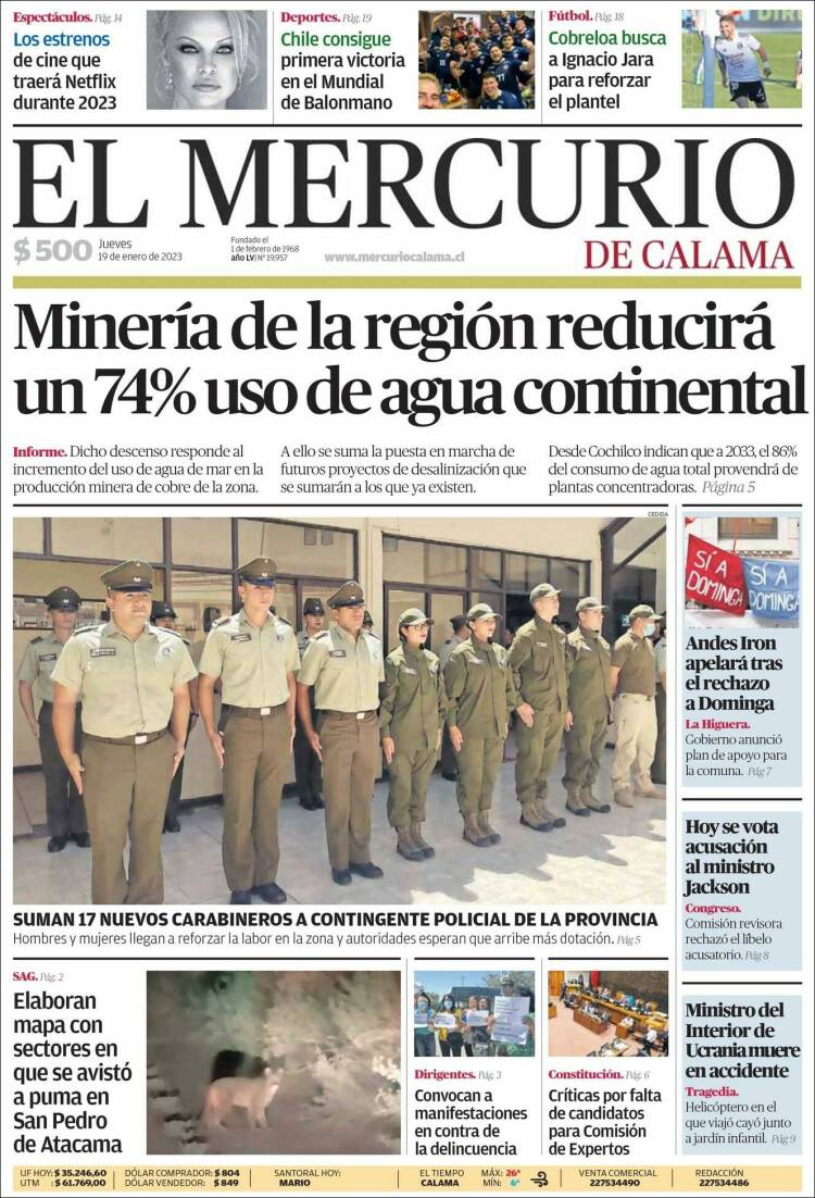 Portada de El Mercurio - Calama (Chile)