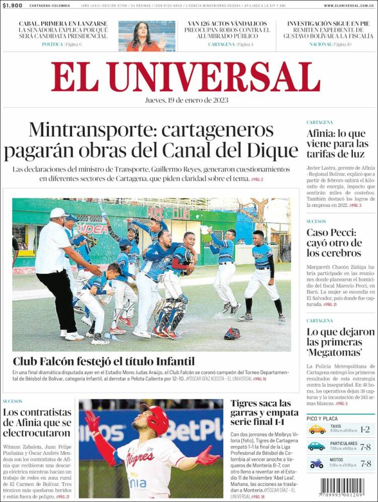 Portada de El Universal (Colombia)