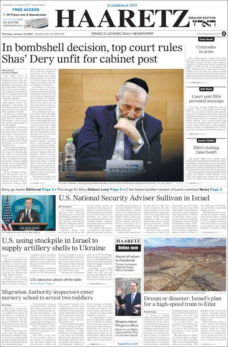 Portada de Haaretz (Israel)