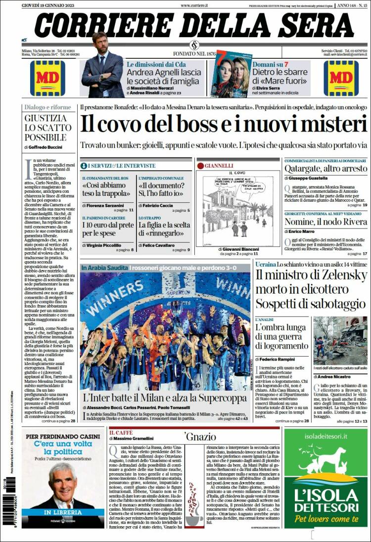Portada de Corriere della Sera (Italia)