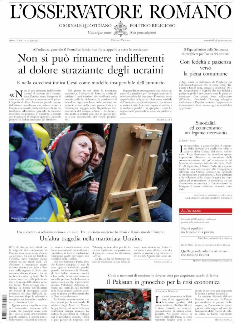 Portada de L'Osservatore Romano (Italia)