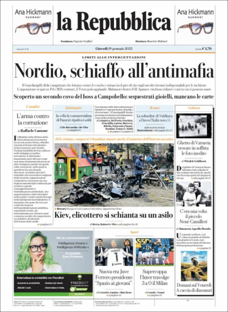Portada de La Repubblica (Italia)