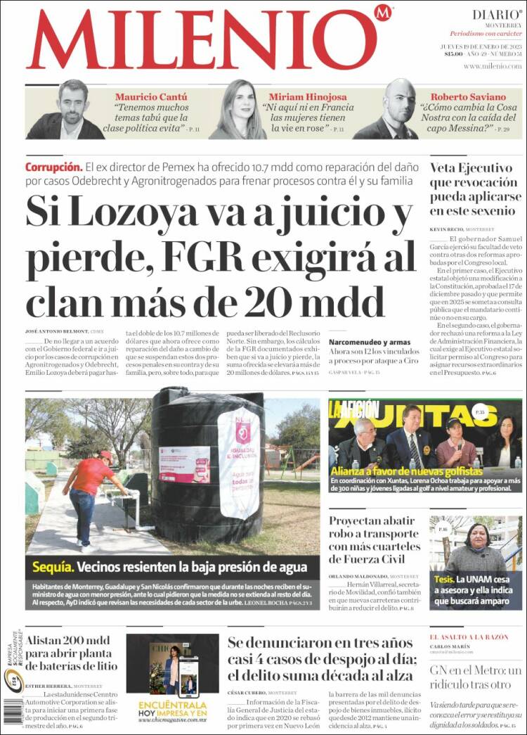 Portada de Milenio de Monterrey (México)