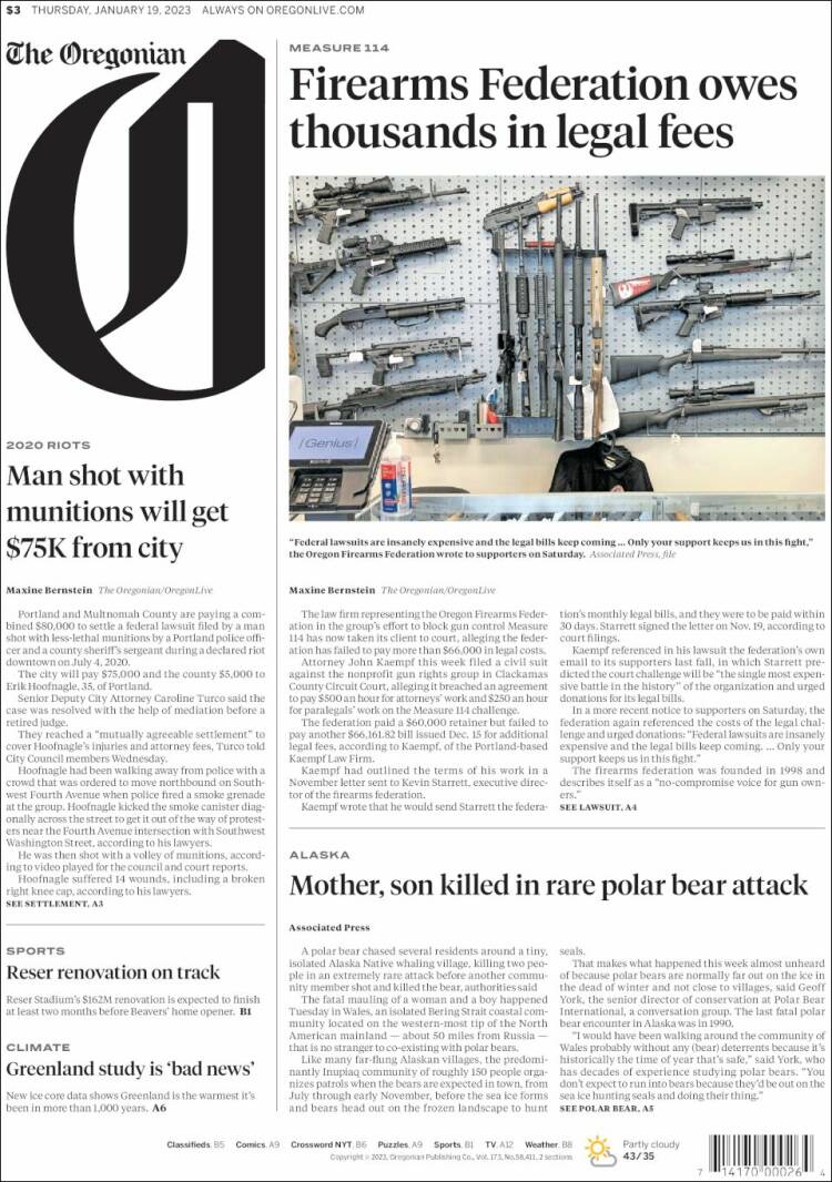 Portada de The Oregonian (USA)