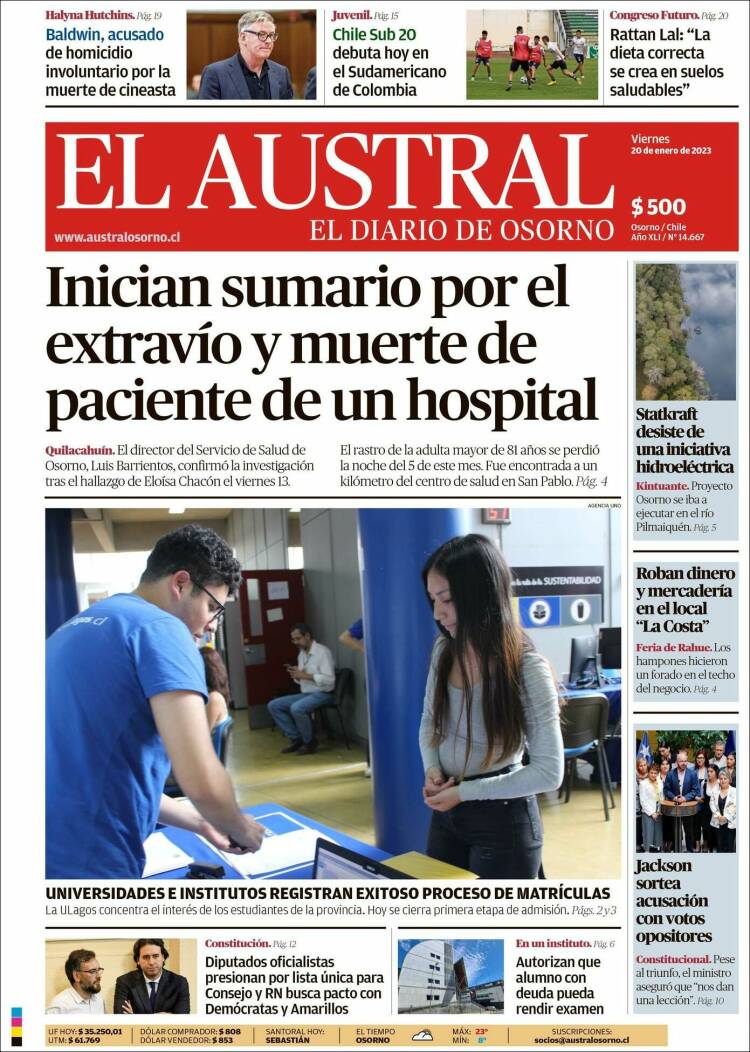 Portada de El Austral de Osorno (Chile)