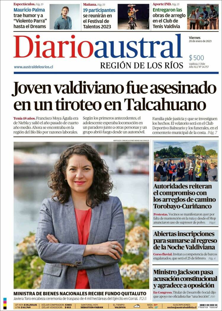 Portada de El Diario Austral de Valdivia (Chile)