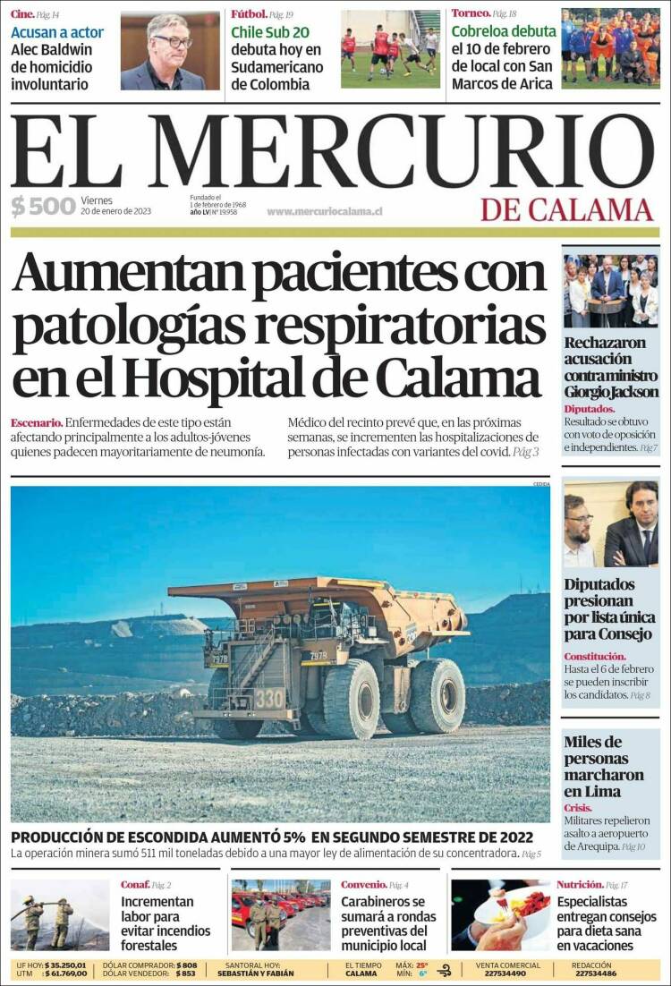 Portada de El Mercurio - Calama (Chile)