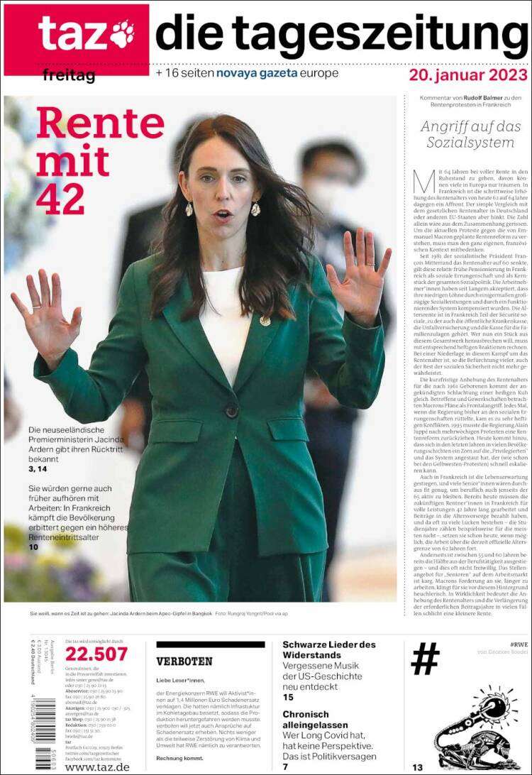 Portada de Die Tageszeitung (Alemania)