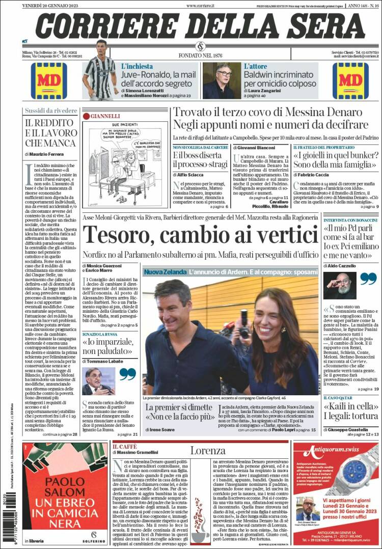 Portada de Corriere della Sera (Italia)